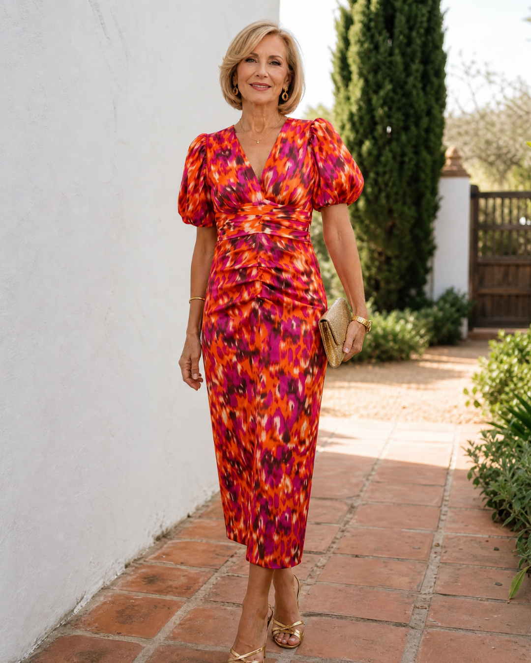 Zavienna™ | Abstract Print Puff Sleeve Ruched Midi Dress