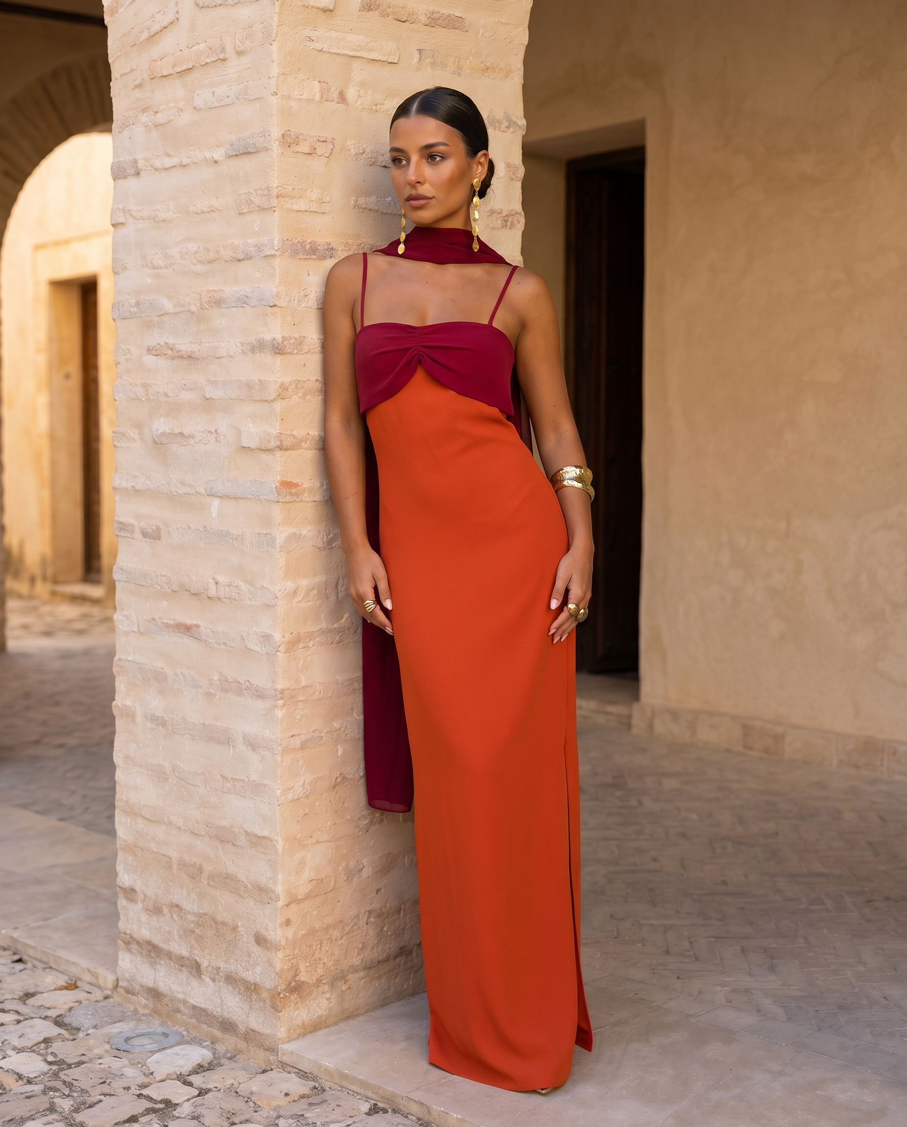 Valencia™ | Color-Block Draped Dress with High Neckline