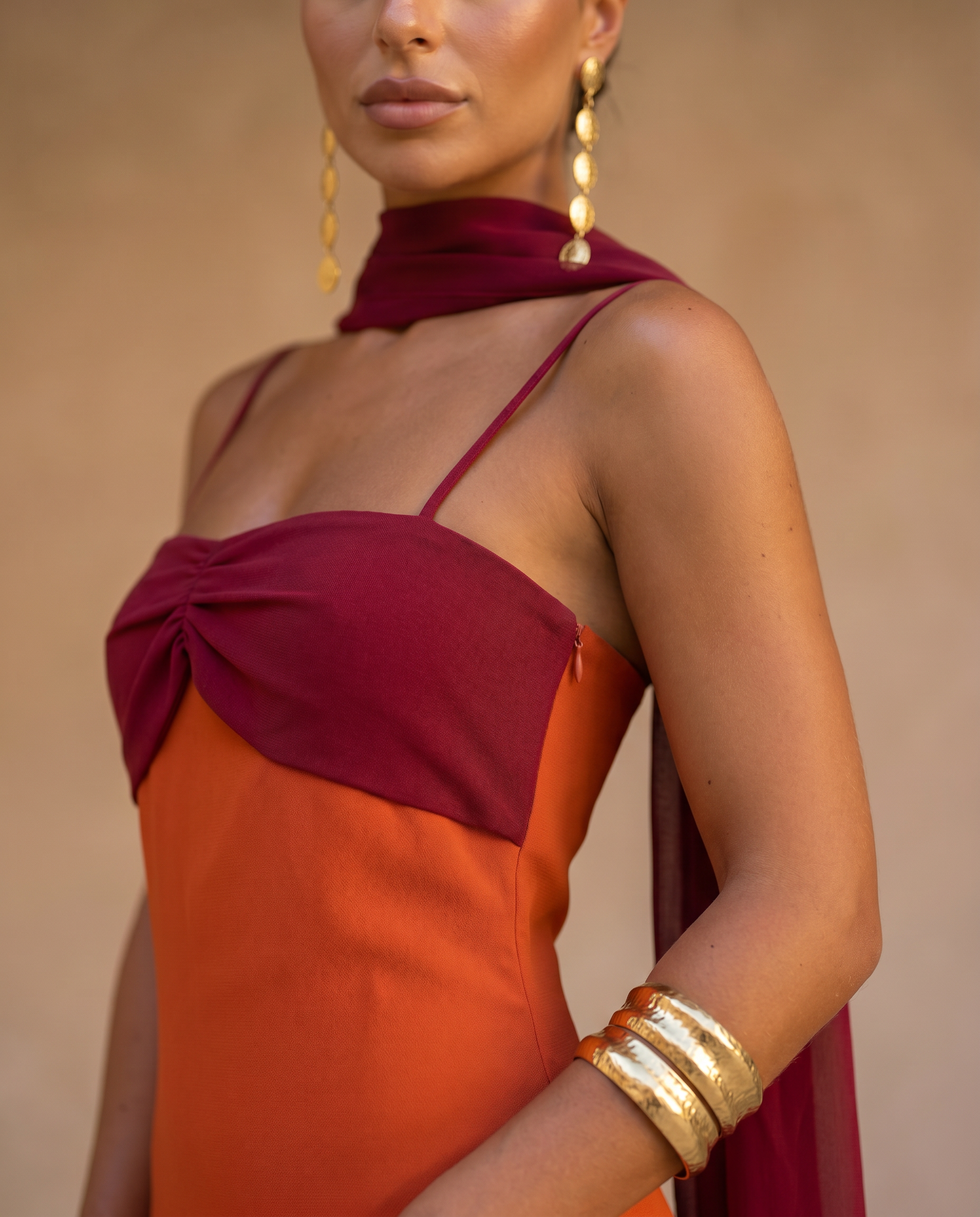 Valencia™ | Color-Block Draped Dress with High Neckline