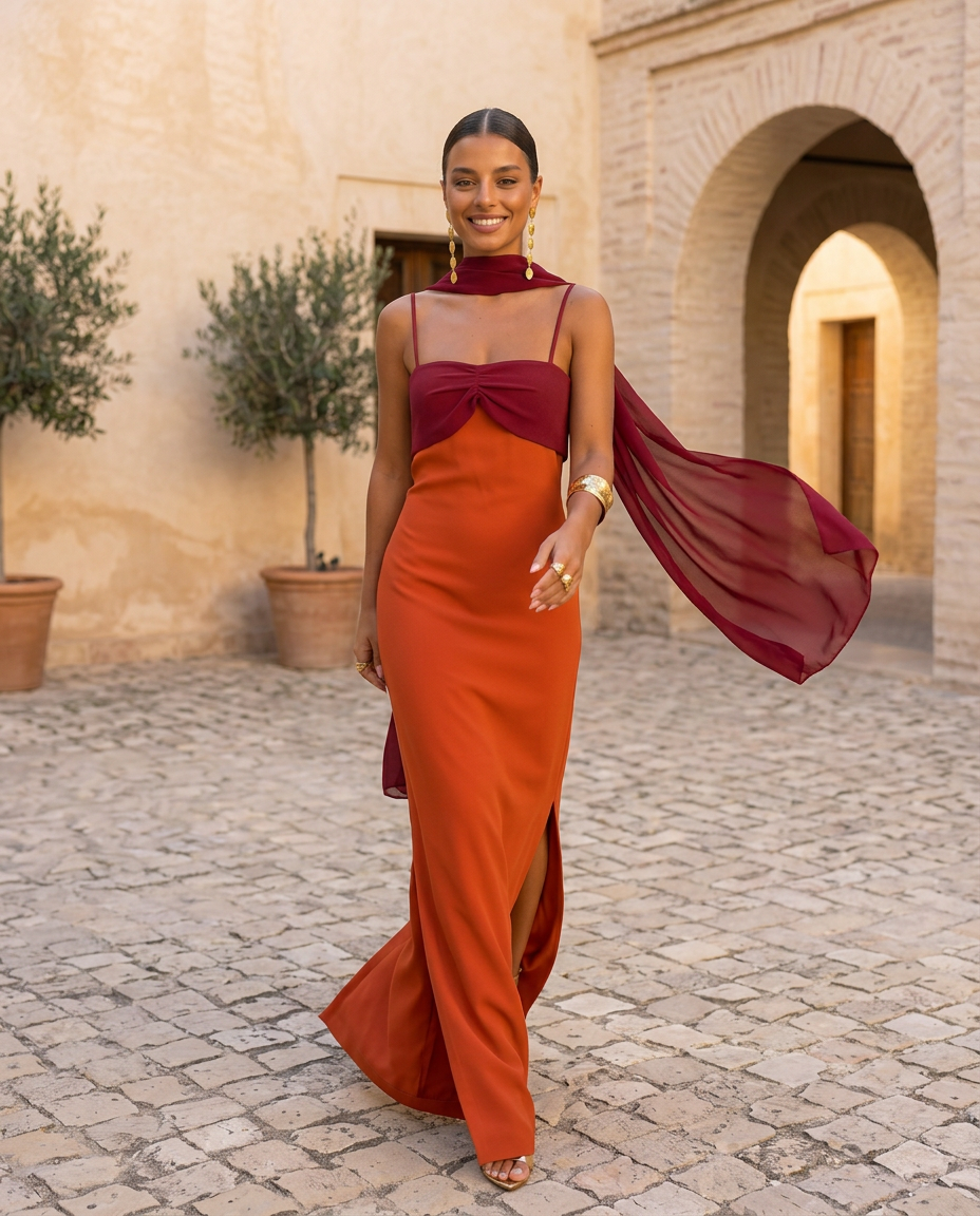 Valencia™ | Color-Block Draped Dress with High Neckline