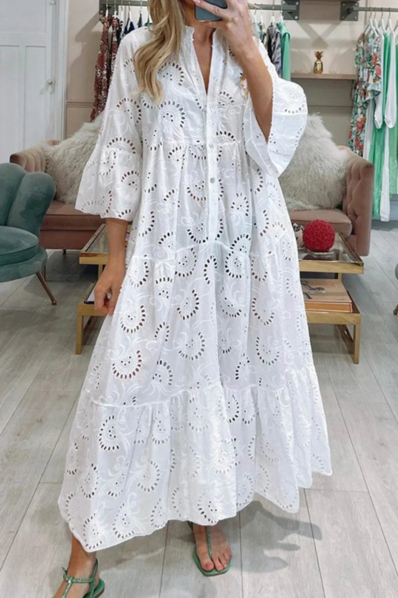 Isabelle™ | Long Dress with Cutout Embroidery & 3/4 Sleeves