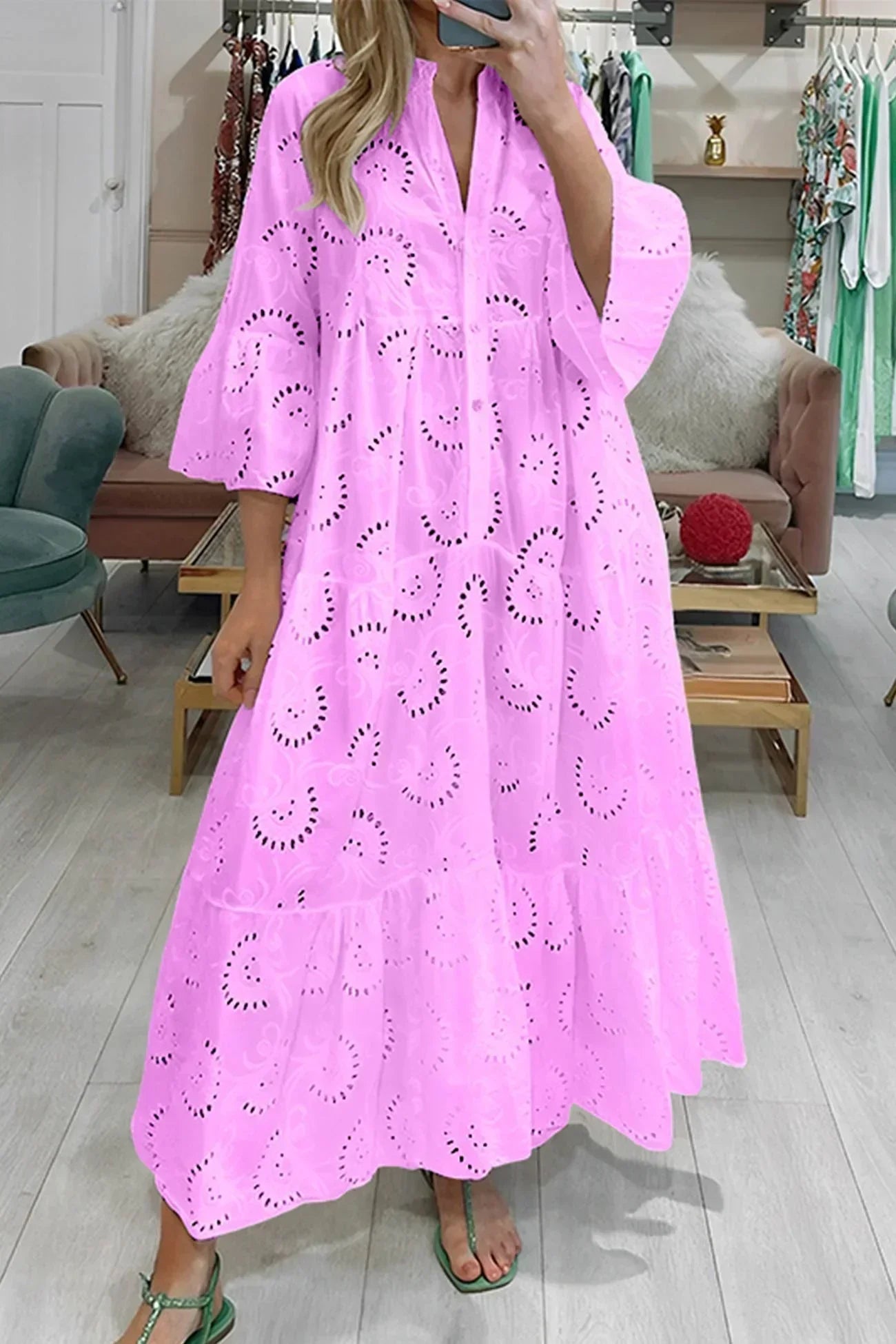 Isabelle™ | Long Dress with Cutout Embroidery & 3/4 Sleeves