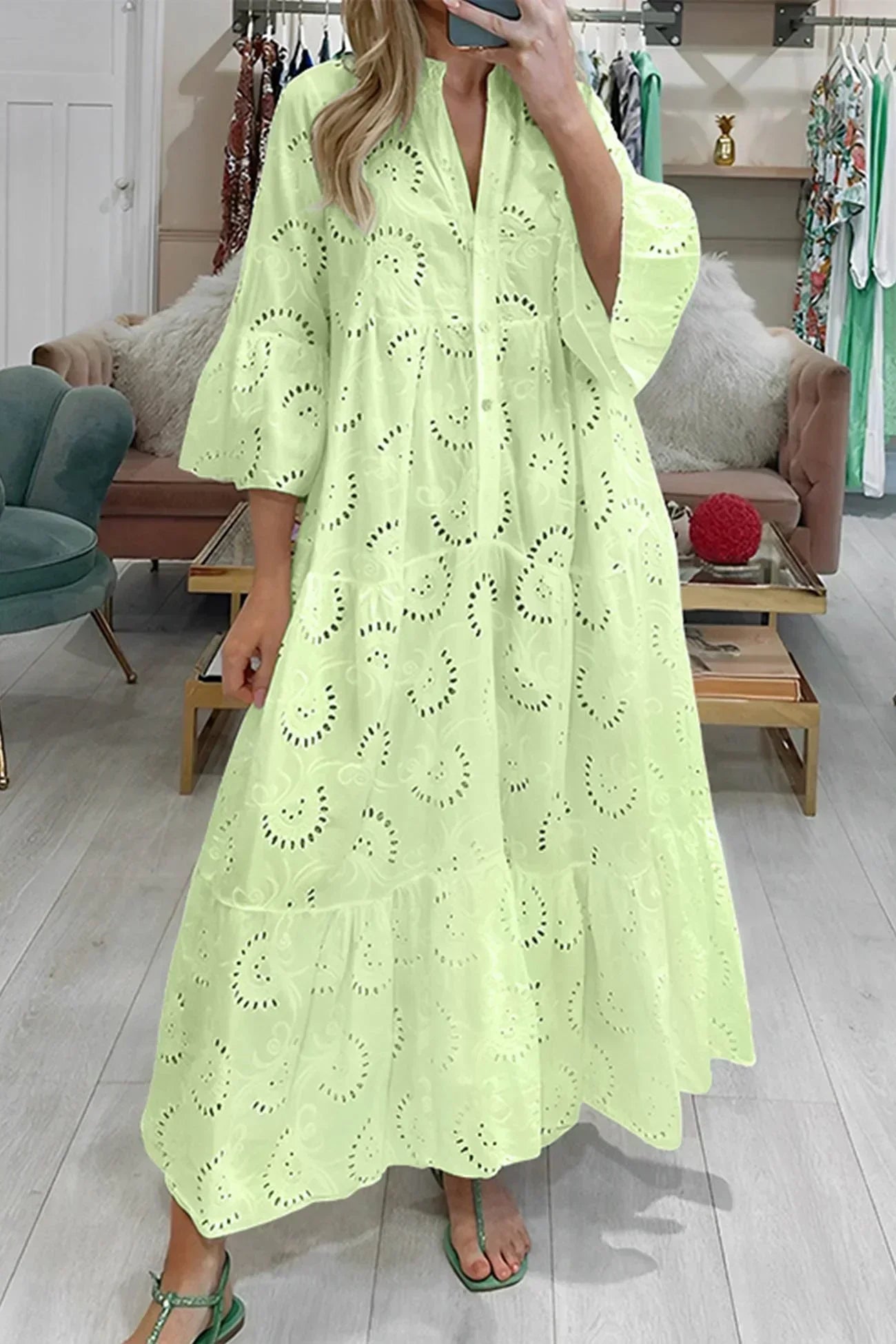 Isabelle™ | Long Dress with Cutout Embroidery & 3/4 Sleeves