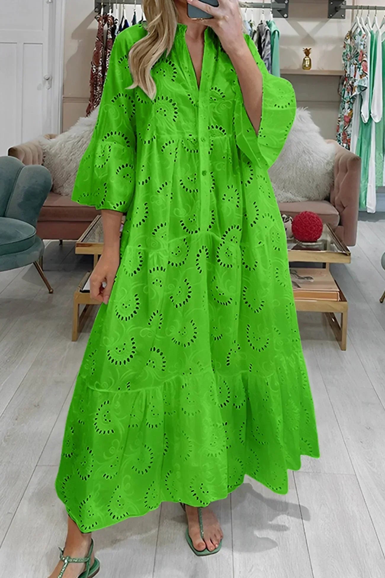Isabelle™ | Long Dress with Cutout Embroidery & 3/4 Sleeves
