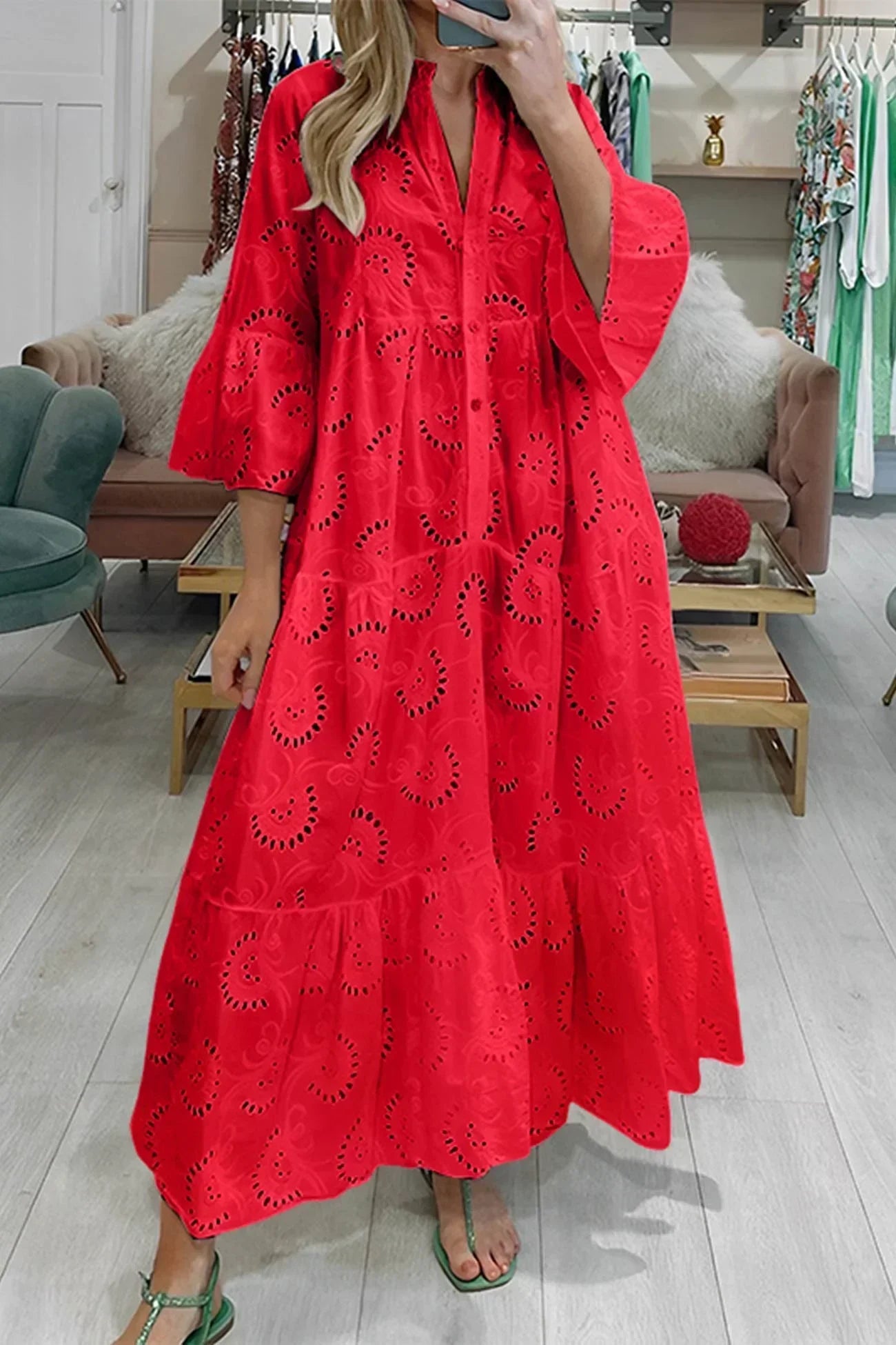 Isabelle™ | Long Dress with Cutout Embroidery & 3/4 Sleeves