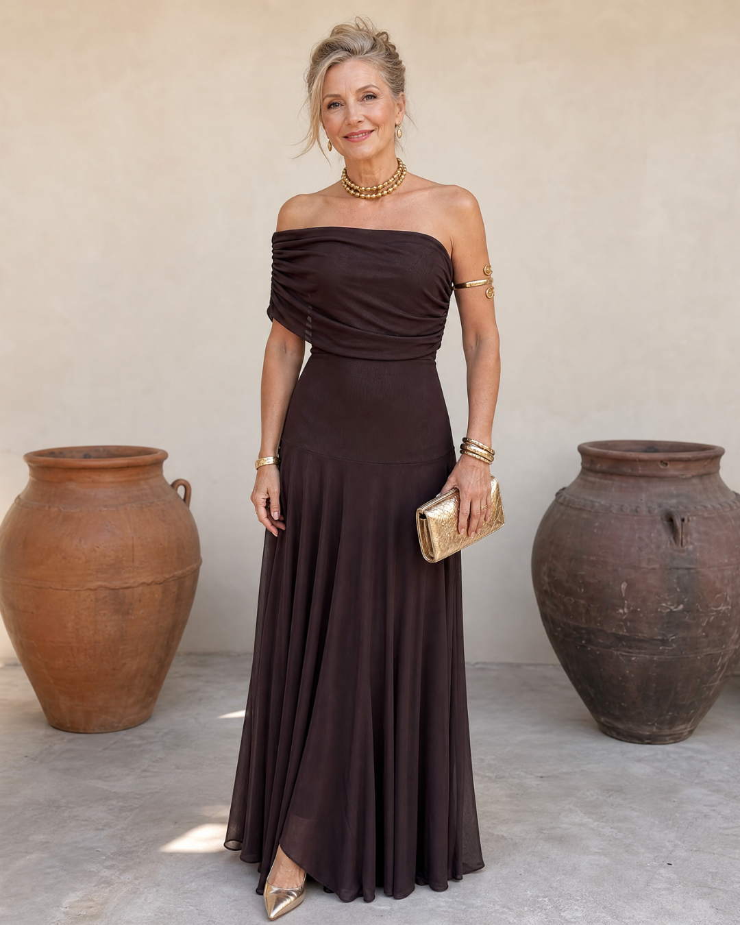 Valerinne™ | Off Shoulder Draped Bodice Flowing Maxi Dress