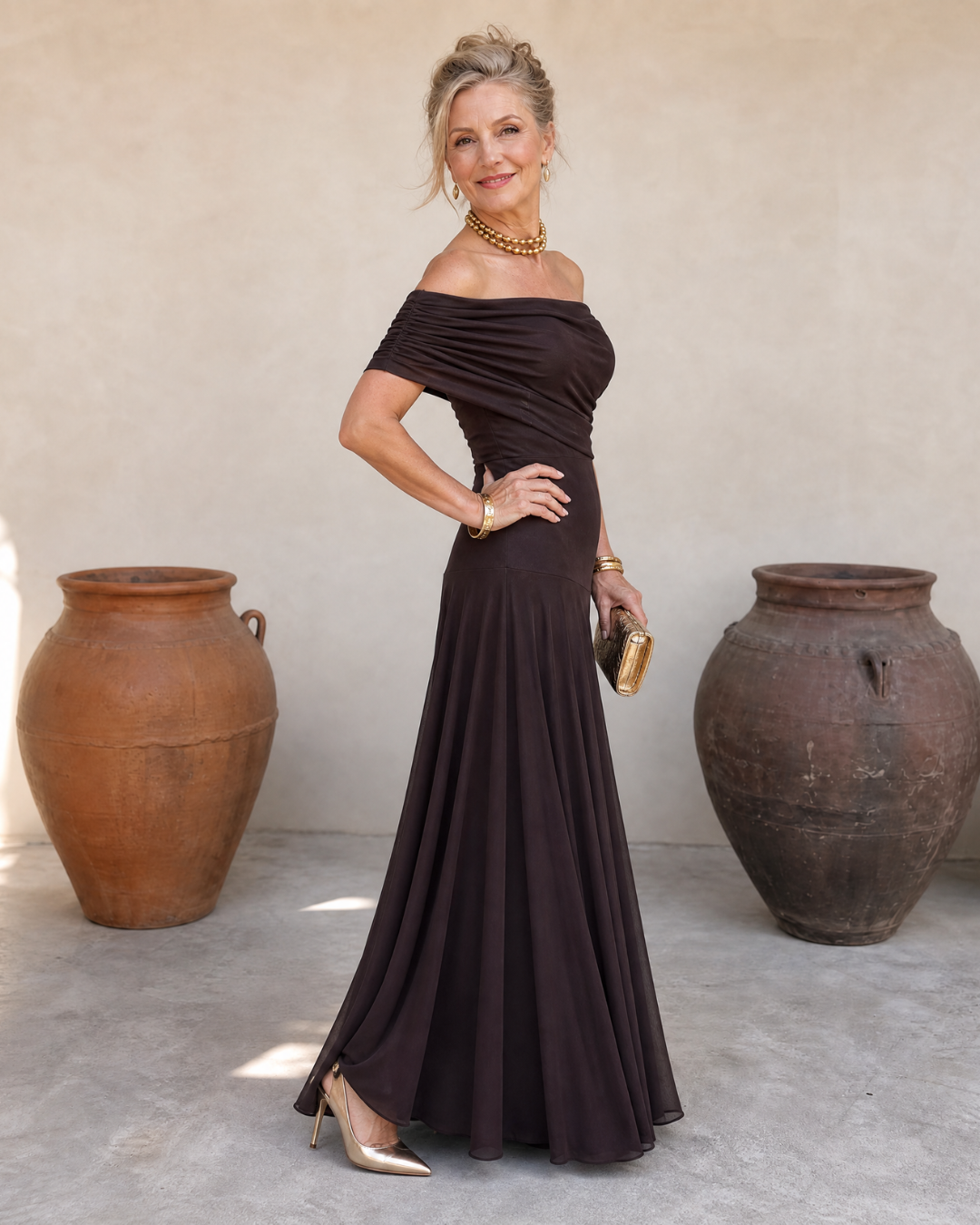 Valerinne™ | Off Shoulder Draped Bodice Flowing Maxi Dress