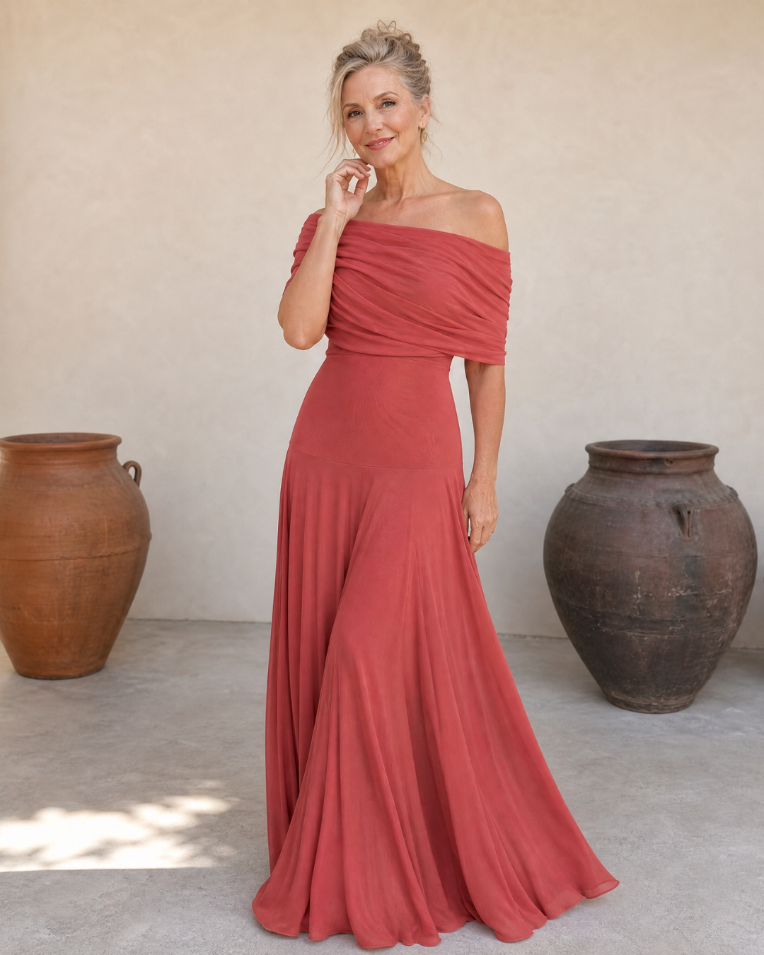 Valerinne™ | Off Shoulder Draped Bodice Flowing Maxi Dress