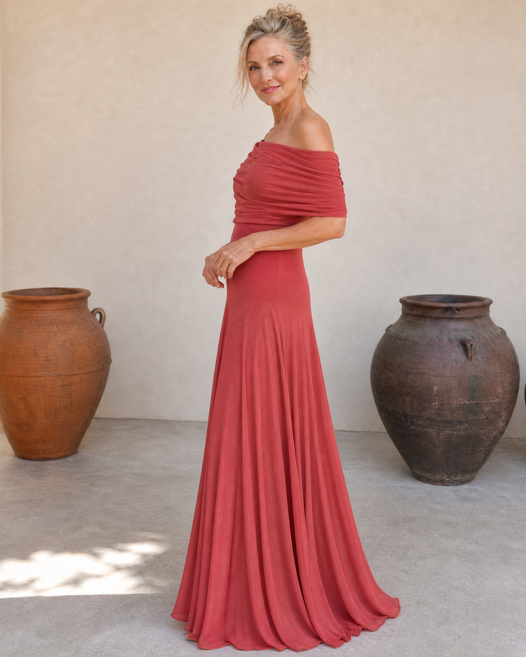 Valerinne™ | Off Shoulder Draped Bodice Flowing Maxi Dress