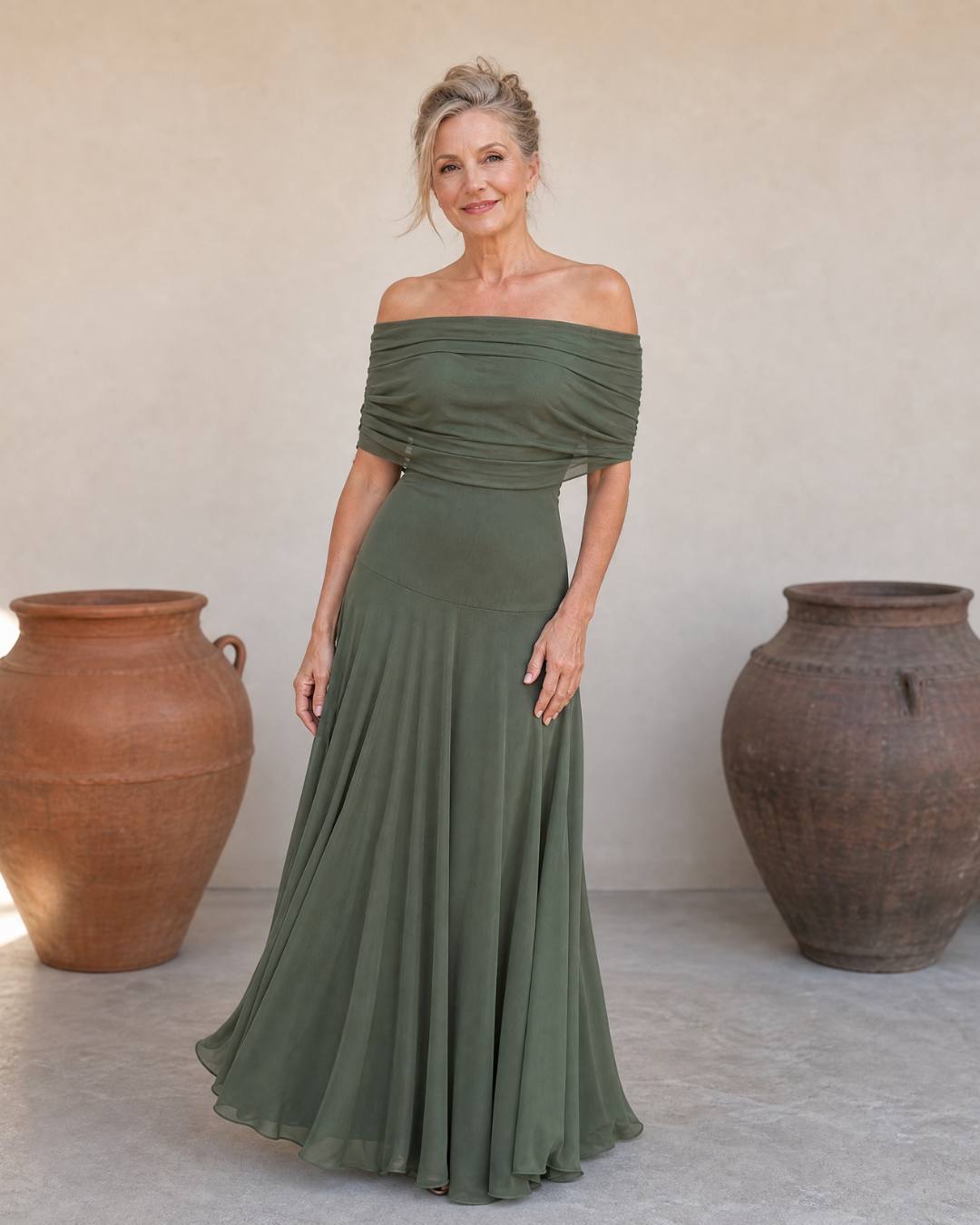 Valerinne™ | Off Shoulder Draped Bodice Flowing Maxi Dress
