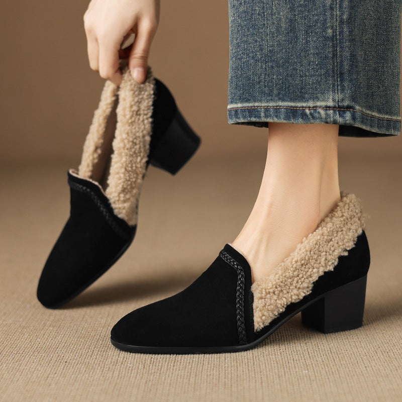Amaine | Suede Block Heels with Faux Shearling Lining