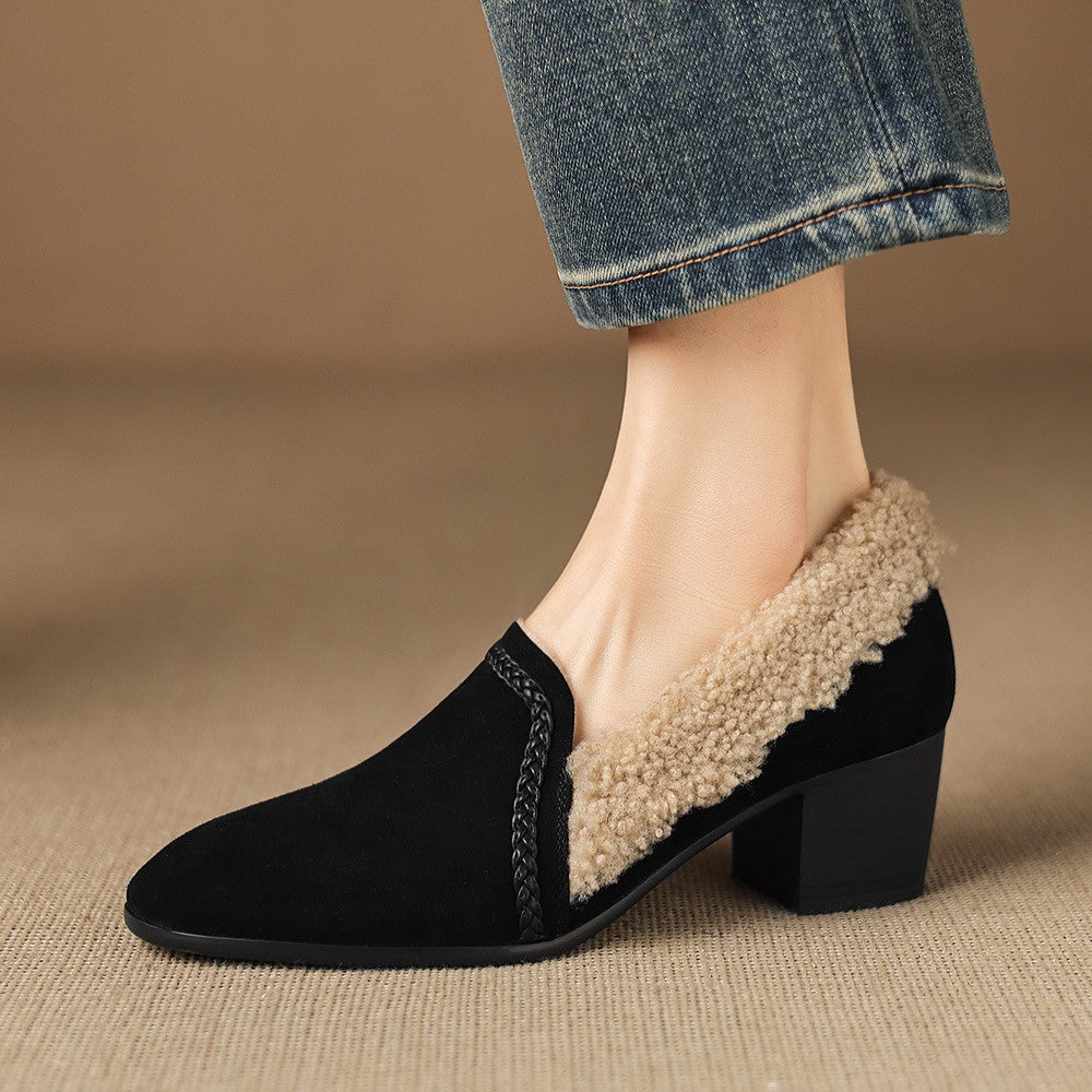 Amaine | Suede Block Heels with Faux Shearling Lining