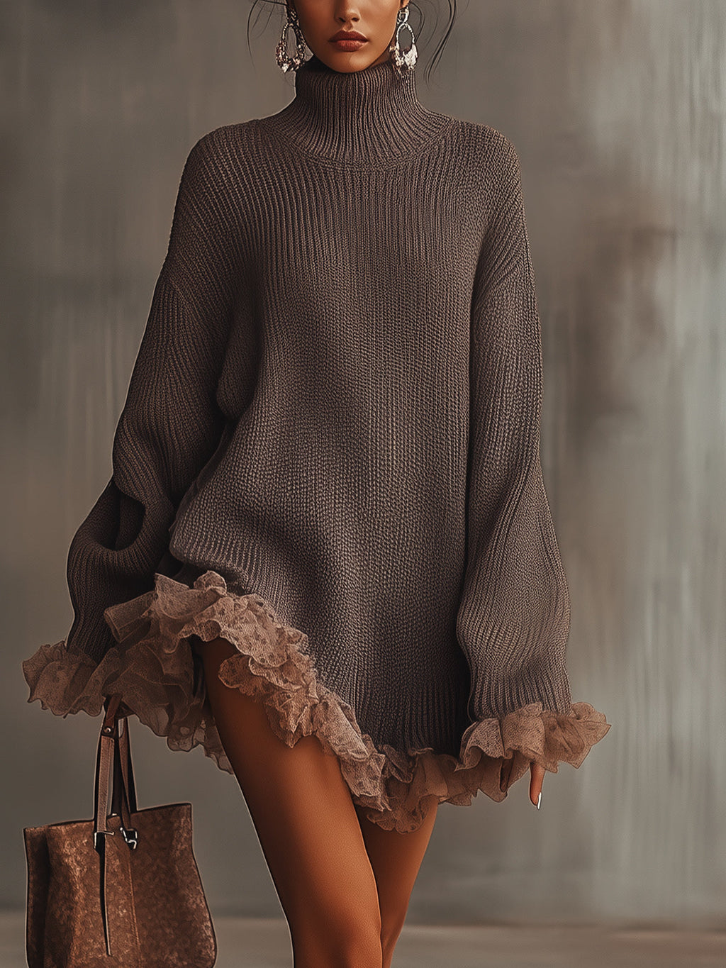 Amaisse | Chunky Knit Turtleneck Sweater Dress with Lace Hem