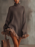 Amaisse | Chunky Knit Turtleneck Sweater Dress with Lace Hem