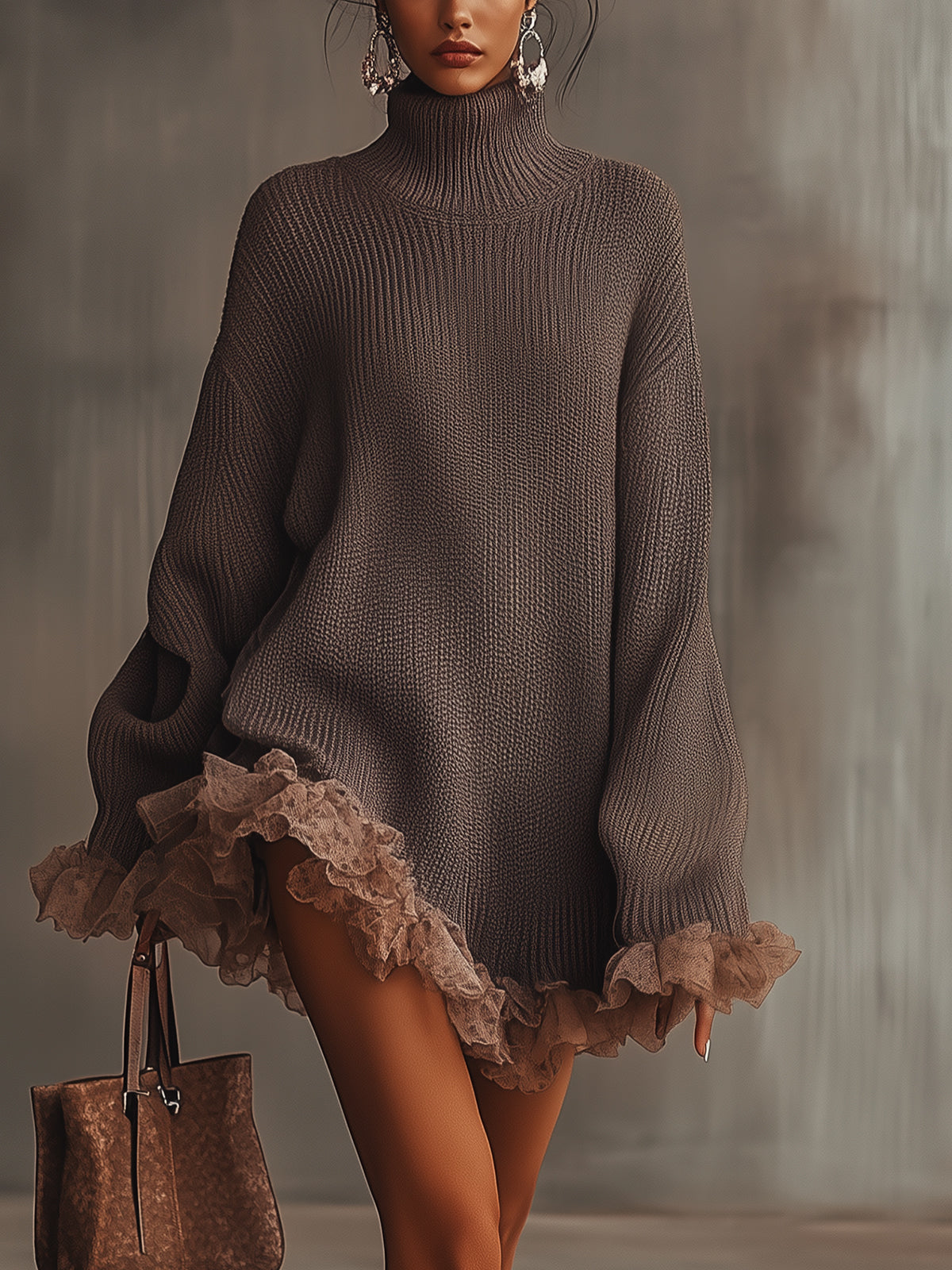Amaisse | Chunky Knit Turtleneck Sweater Dress with Lace Hem
