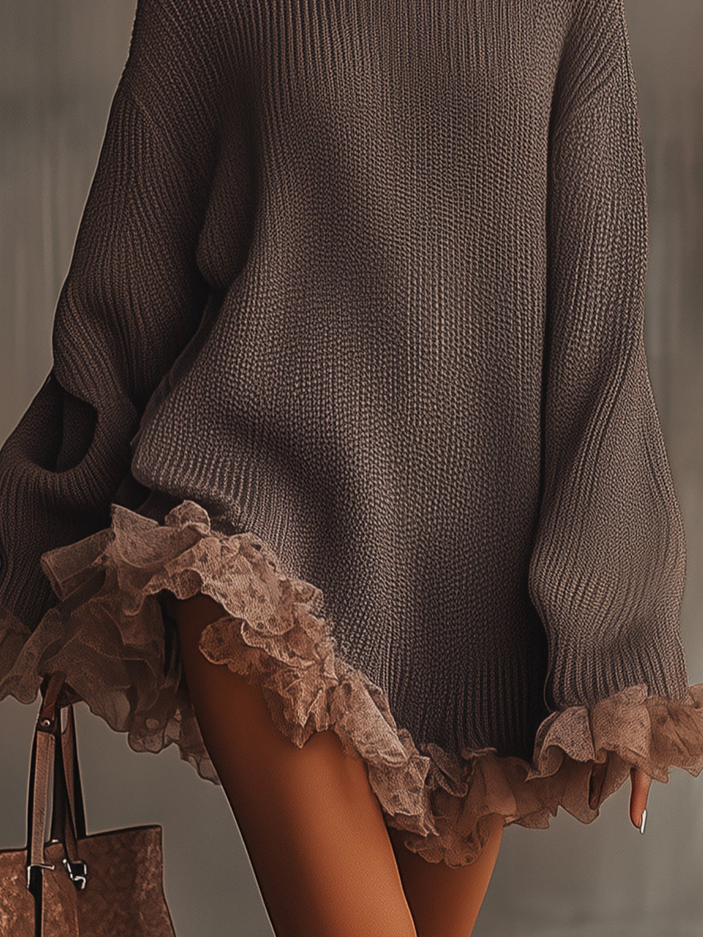 Amaisse | Chunky Knit Turtleneck Sweater Dress with Lace Hem