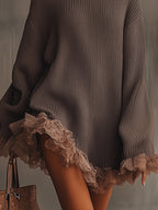 Amaisse | Chunky Knit Turtleneck Sweater Dress with Lace Hem