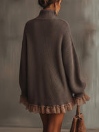 Amaisse | Chunky Knit Turtleneck Sweater Dress with Lace Hem