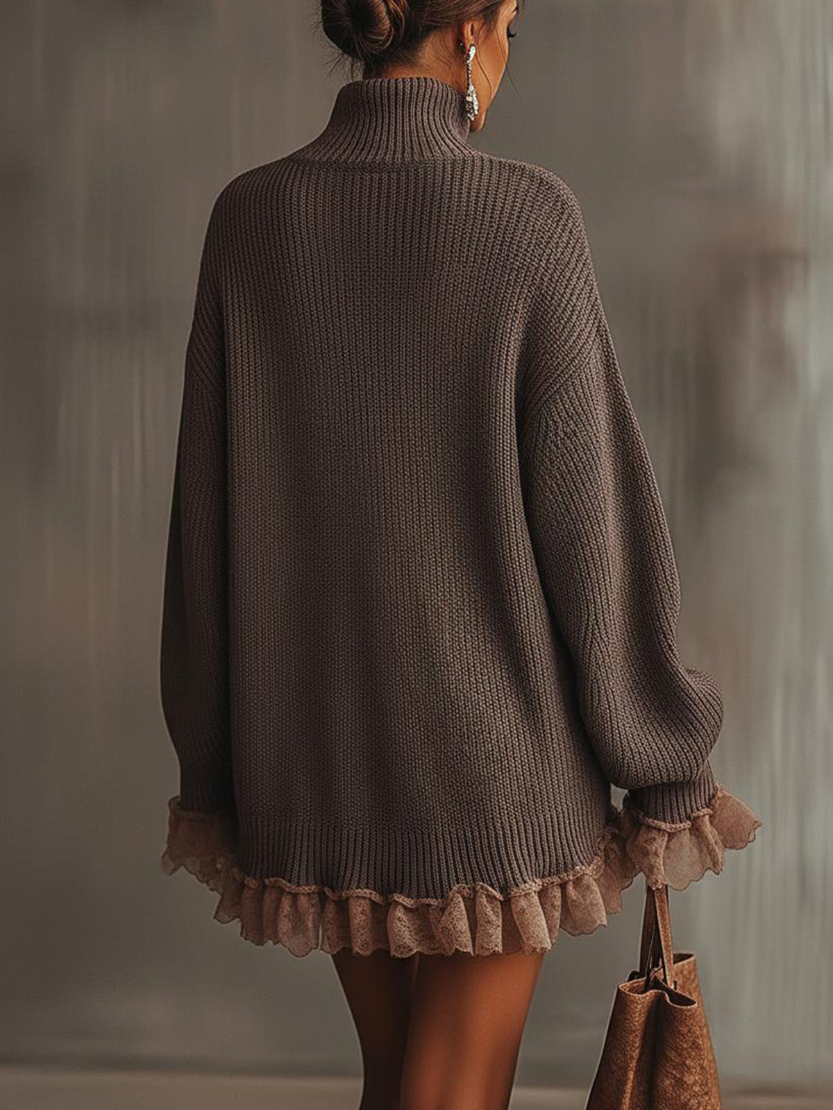 Amaisse | Chunky Knit Turtleneck Sweater Dress with Lace Hem