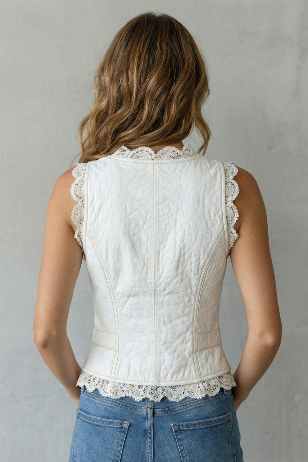 Ardith | Faux Leather Vest with Lace Trim