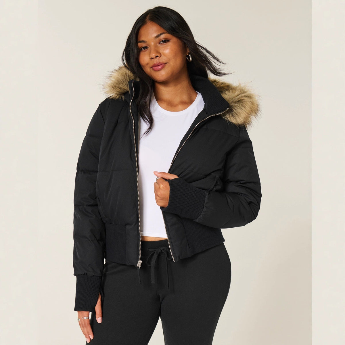 Auranne | Cropped Puffer Jacket with Faux Fur Hood