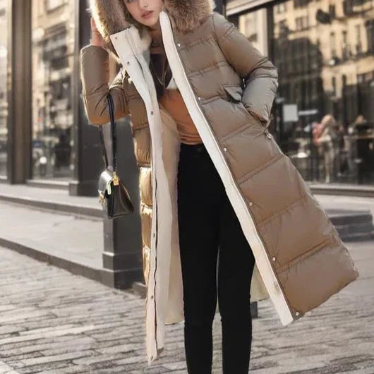 Aurara | Long Puffer Coat with Faux Fur Hood and Belt
