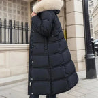 Aurara | Long Puffer Coat with Faux Fur Hood and Belt