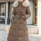 Aurara | Long Puffer Coat with Faux Fur Hood and Belt