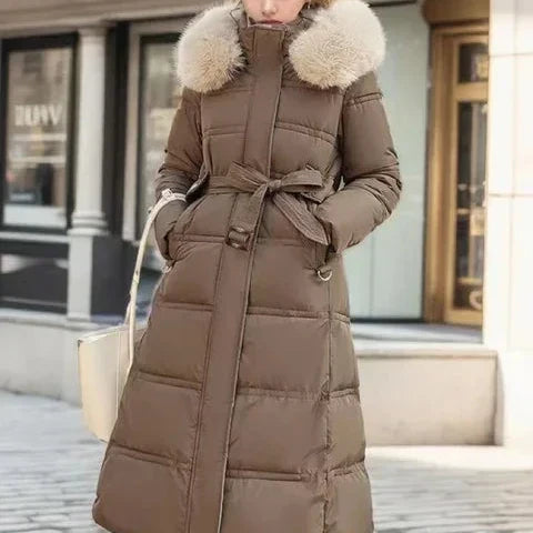 Aurara | Long Puffer Coat with Faux Fur Hood and Belt