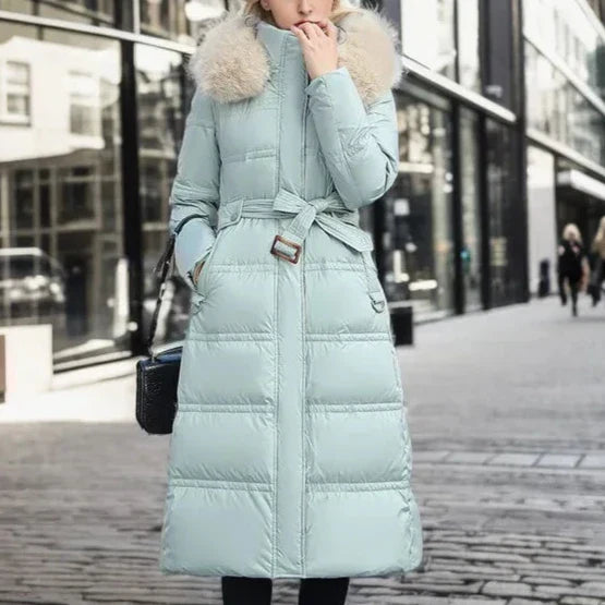 Aurara | Long Puffer Coat with Faux Fur Hood and Belt
