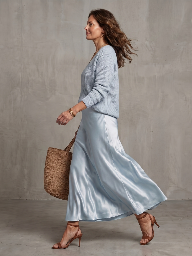Aurisse | Knit Sweater and Satin Midi Skirt Set