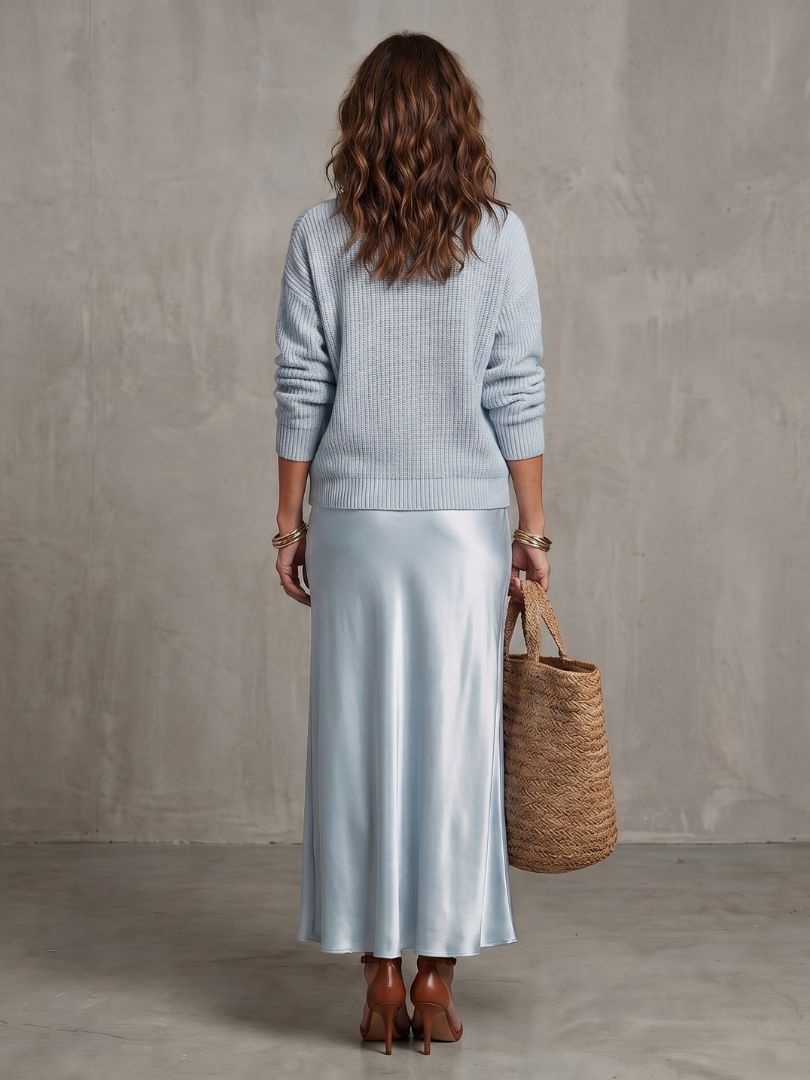 Aurisse | Knit Sweater and Satin Midi Skirt Set