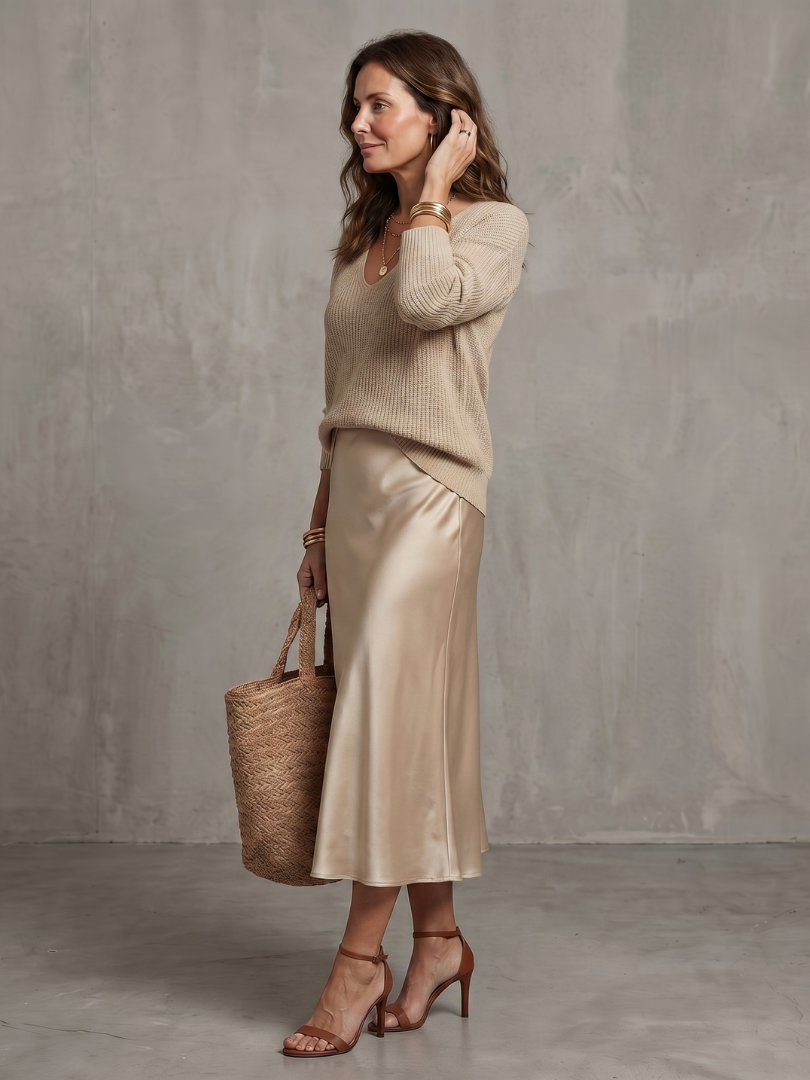 Aurisse | Knit Sweater and Satin Midi Skirt Set