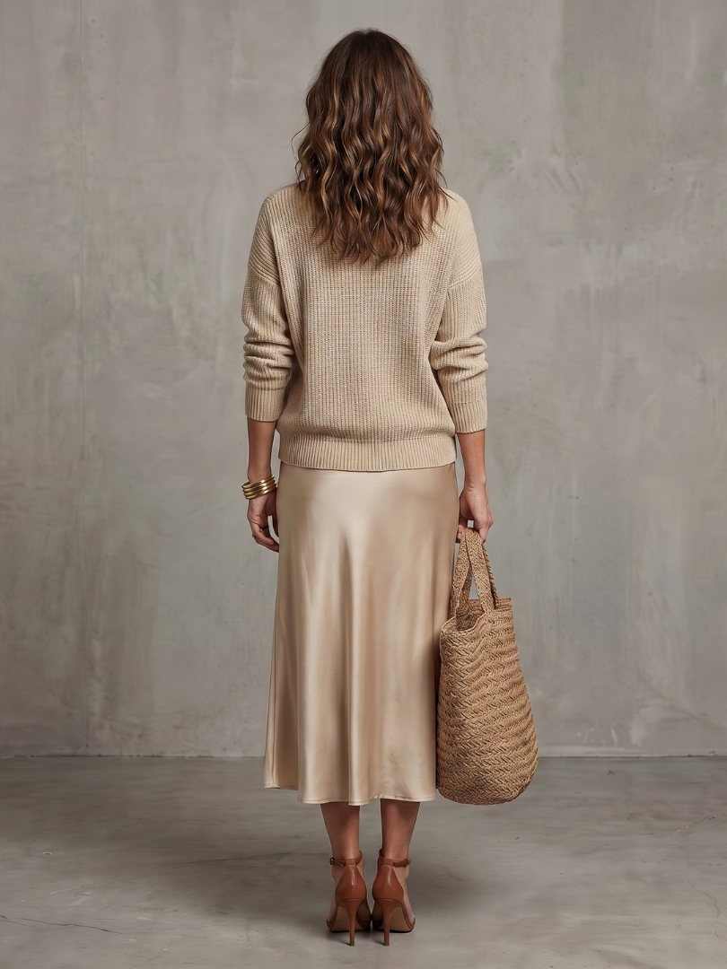 Aurisse | Knit Sweater and Satin Midi Skirt Set