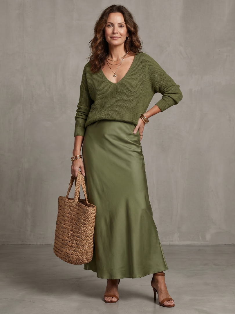 Aurisse | Knit Sweater and Satin Midi Skirt Set
