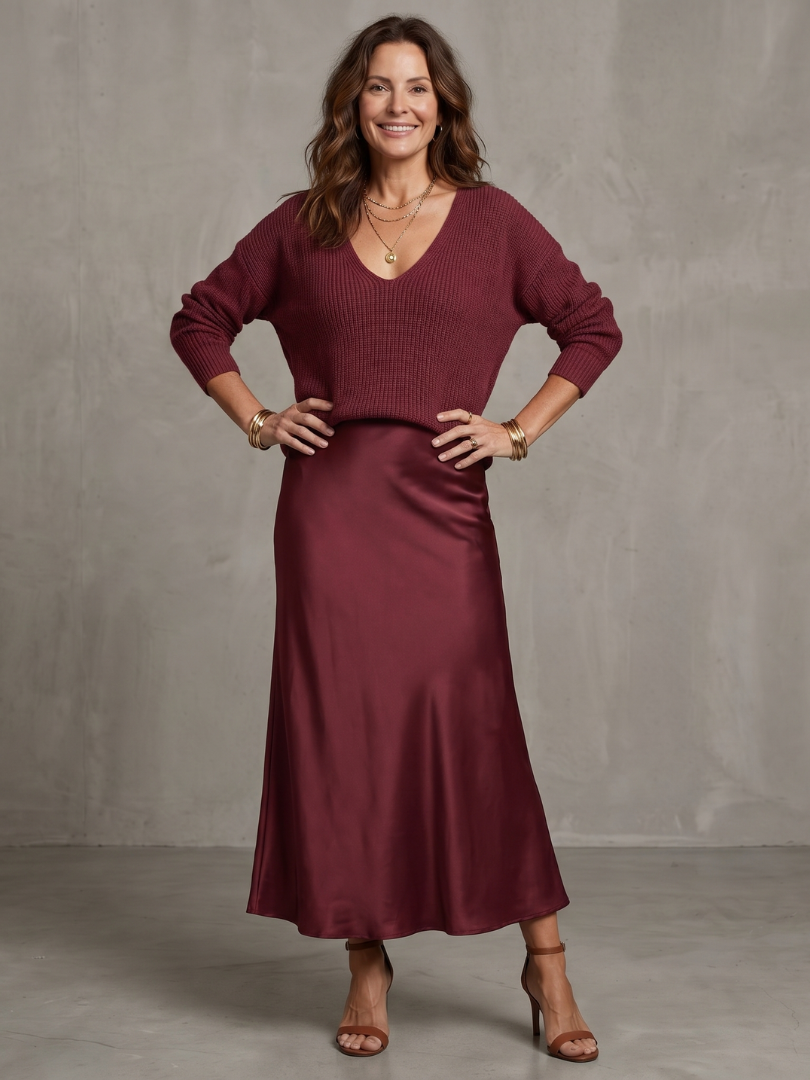 Aurisse | Knit Sweater and Satin Midi Skirt Set