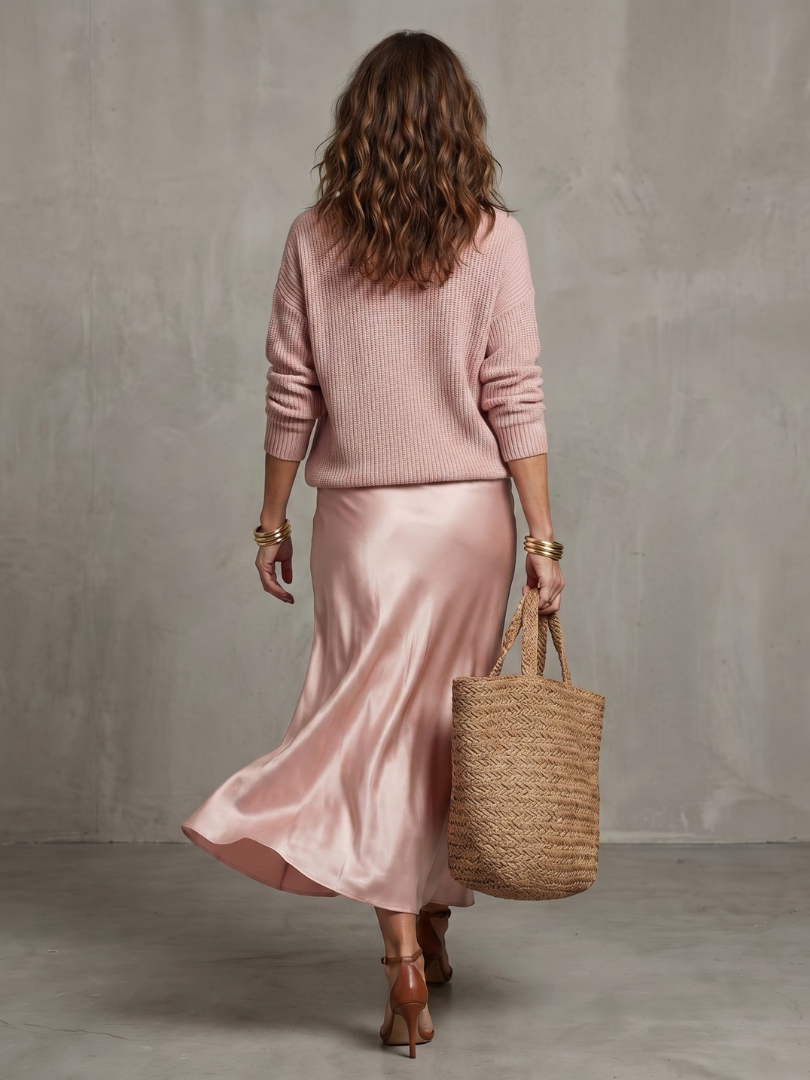 Aurisse | Knit Sweater and Satin Midi Skirt Set