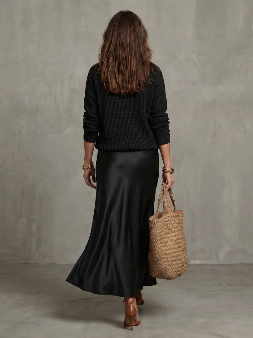 Aurisse | Knit Sweater and Satin Midi Skirt Set