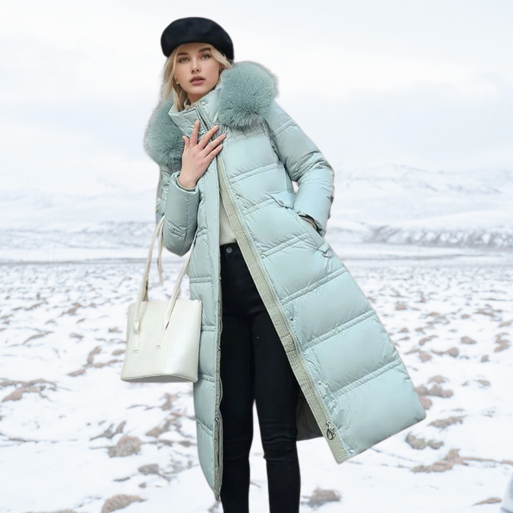 Belana | Belted Long Puffer Coat Faux Fur Collar