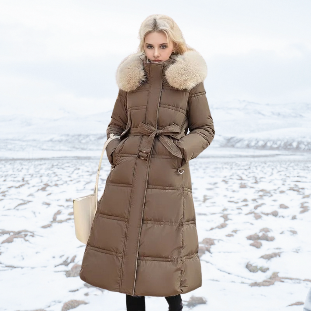 Belana | Belted Long Puffer Coat Faux Fur Collar