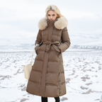 Belana | Belted Long Puffer Coat Faux Fur Collar