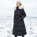 Belana | Belted Long Puffer Coat Faux Fur Collar