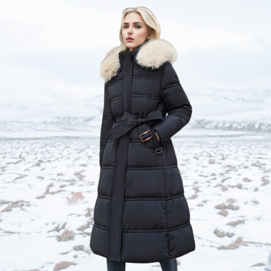 Belana | Belted Long Puffer Coat Faux Fur Collar