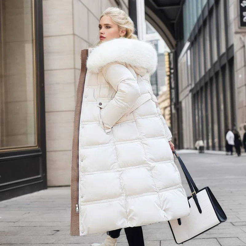Belana | Belted Long Puffer Coat Faux Fur Collar