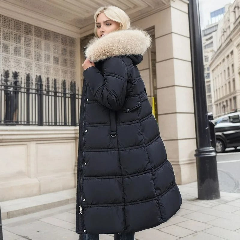 Belana | Belted Long Puffer Coat Faux Fur Collar