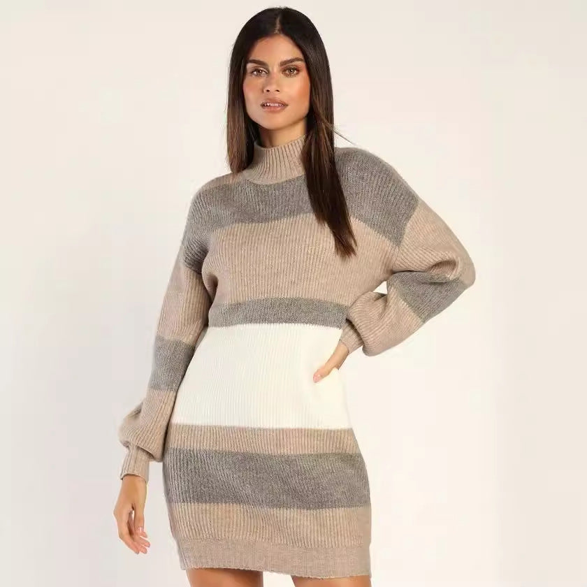 Belanne | Striped Rib Knit Roll Neck Sweater Dress