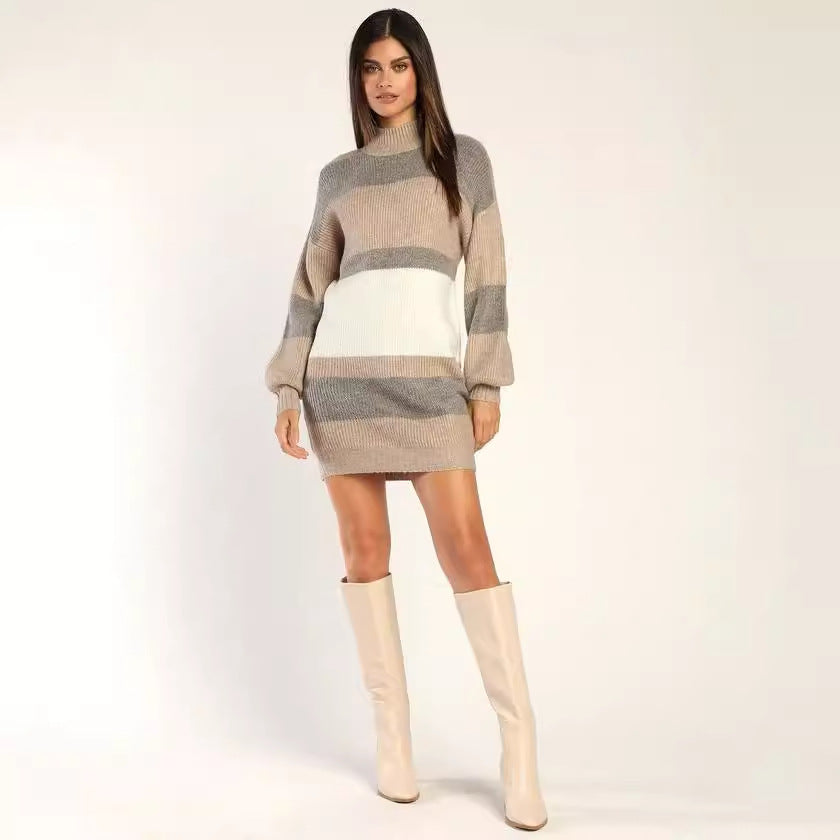 Belanne | Striped Rib Knit Roll Neck Sweater Dress