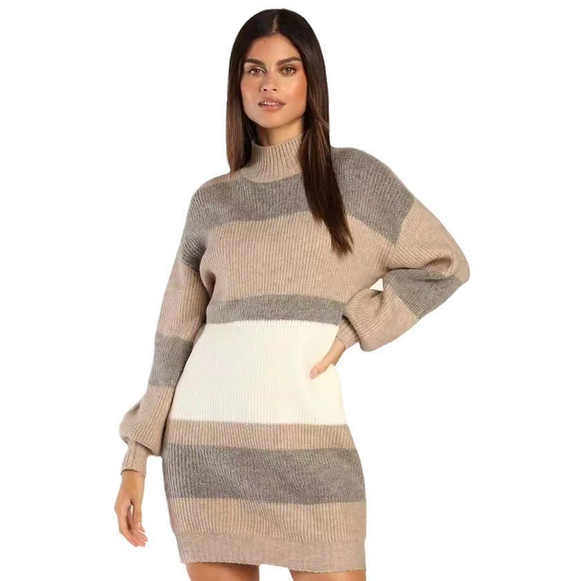 Belanne | Striped Rib Knit Roll Neck Sweater Dress