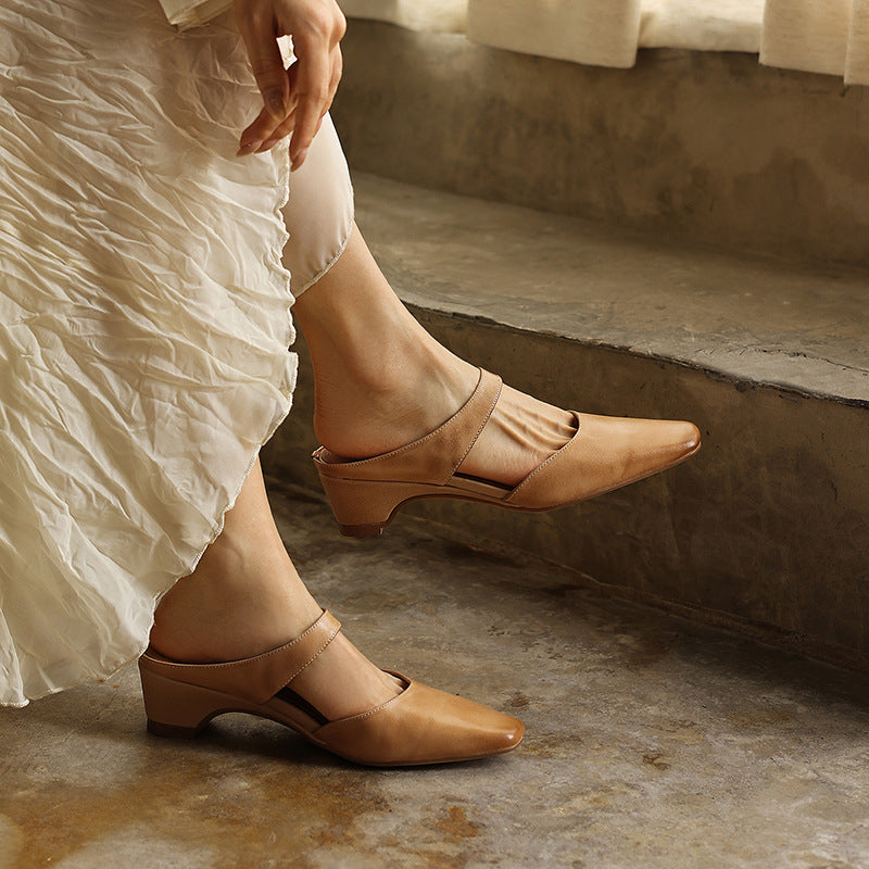 Calelle | Square-Toe Leather Mules with Wedge Heel