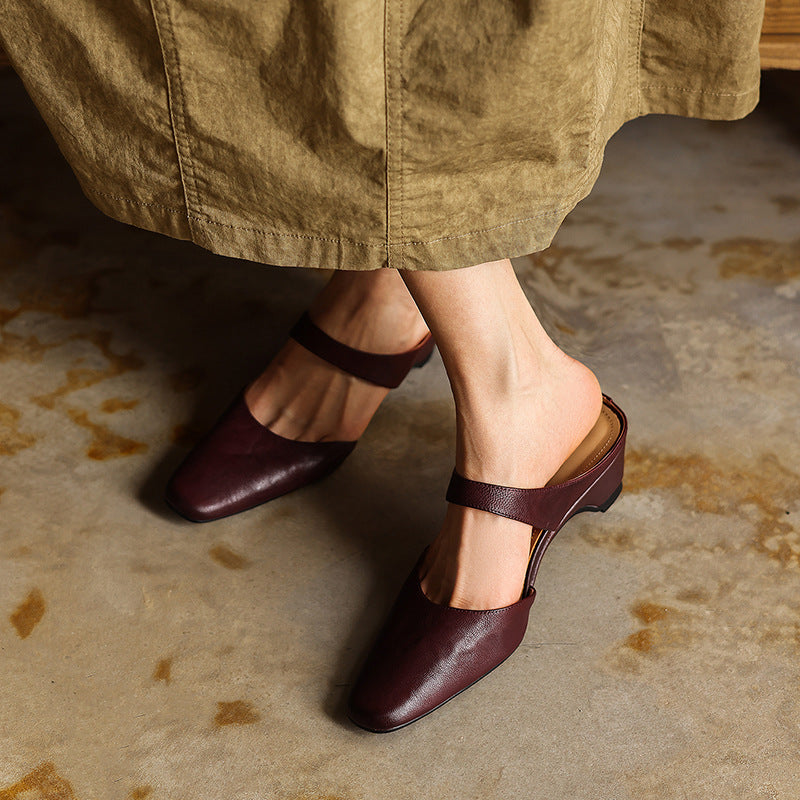 Calelle | Square-Toe Leather Mules with Wedge Heel